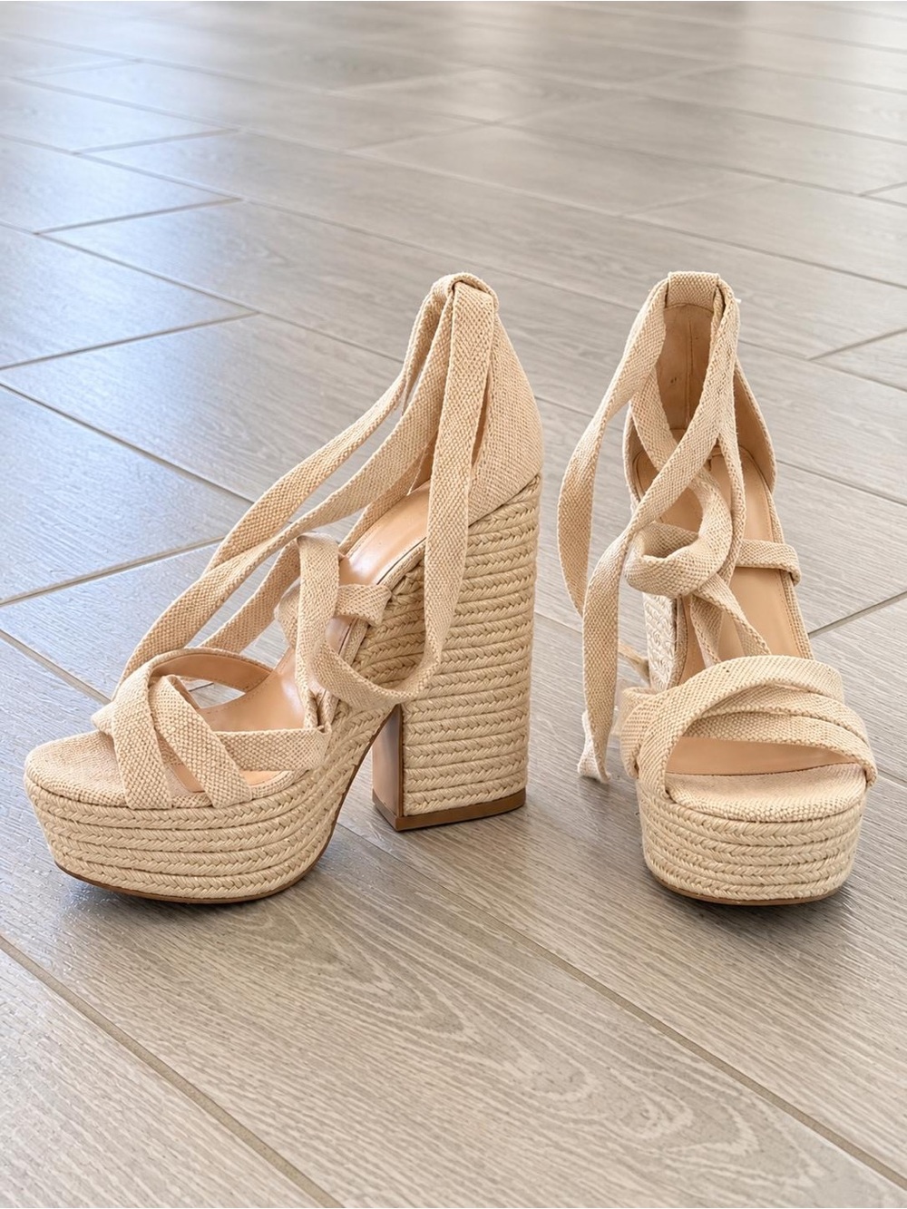 Neutral Espadrille Platform Wedge Sandals with Wrap Tie
